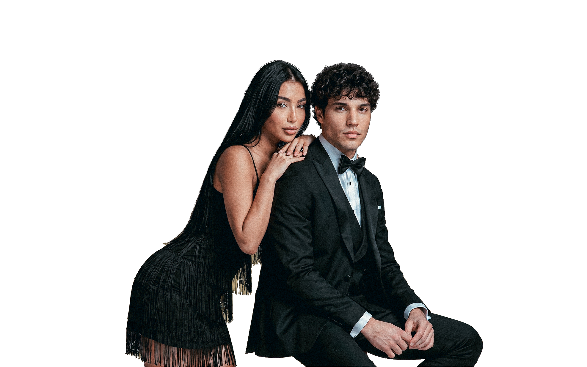 Allana e Allan, modelos IA da My Model, em campanha formal preta